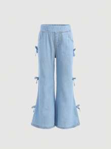 SHEIN 女童宽松蓝色蝴蝶结装饰牛仔裤 - 淺色水洗藍 - 查看 1