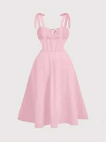 SHEIN MOOSTA Plus Size Women's Solid Color Simple Daily Tie Belted Dress For New Year Clothes Maxi Women Outfit - Pink - View 2