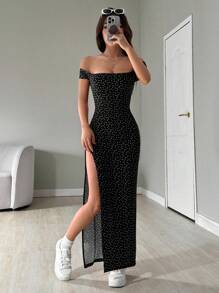SHEIN EZwear 女款露肩滿版碎花長開衩長洋裝，波點洋裝，夏季休閒 - 黑色 - 查看 5
