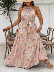 SHEIN VCAY Plus Size Paisley Print Ruffle Hem Belted Halter Dress, Mother Day Outfit, Vacation Outfits Woman, Rave Outfit, Western Wear Women Plus,Maxi Dress - Multicolor - View 6
