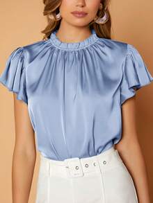 Firerie Women's Solid Color Ruffle Collar Pleated Short Sleeve Elegant Blouse - Blue - View 5