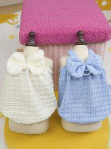 PETSIN 白色可爱蝴蝶结3D设计狗狗连衣裙，轻盈透气网眼牵引胸背带，时尚欧美热销宠物连衣裙，春夏款 - 米色 - 查看 5