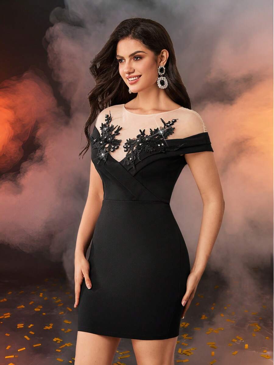 SHEIN Belle Elegante, romántico, digno, para primavera y verano, vestido negro de tela elástica de punto semitransparente con aplicaciones, adecuado para vacaciones, festivales, fiestas, fiestas de cumpleaños, vestido de cóctel para baile de graduación, vestido de invitada de boda - Negro - Ver 1