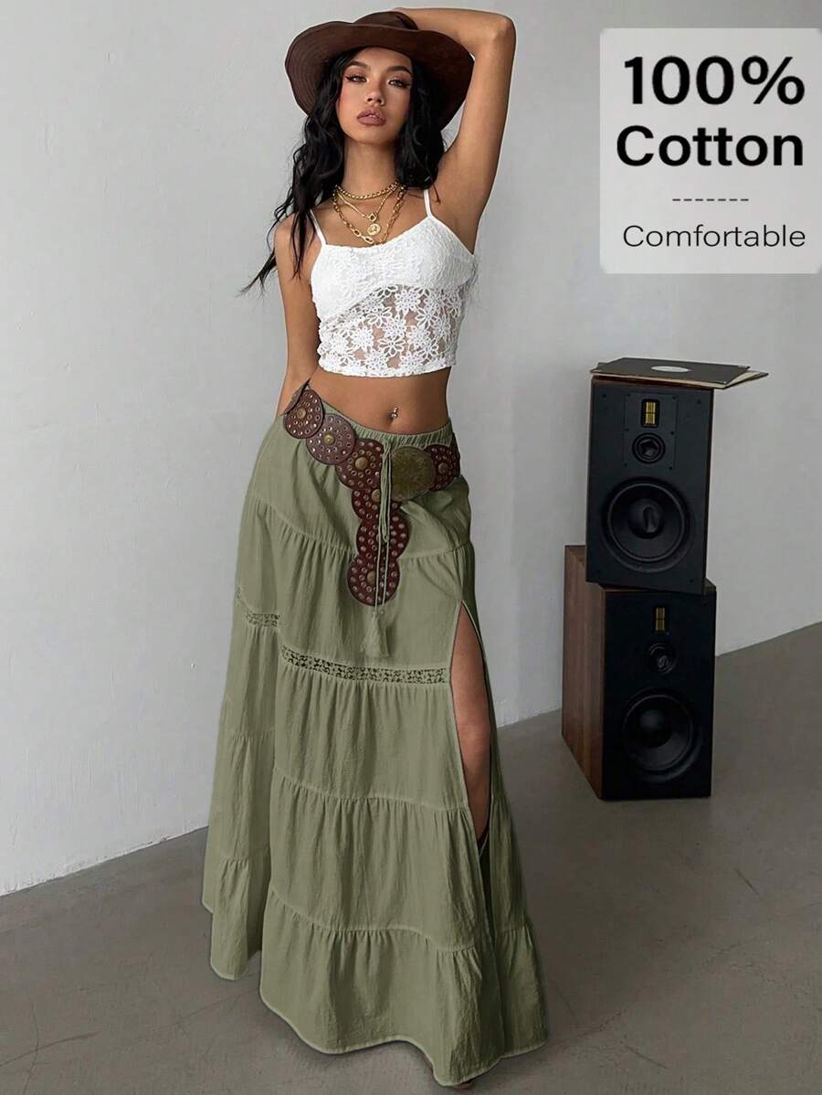 Siren Gaze 2025 Boho Beach Skirts For Women - High-Slit Linen-Blend Tiered Maxi Skirt With Elastic Waist & Lace Trim, Music Festival Essentials & Vacation | Summer A-Line Skirt,Summer For Women,Vacation Woman,Beach For Women Summer Skirt Bohemian Green Christmas Holiday Resort