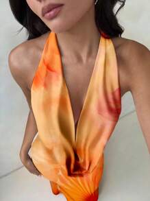 Aloruh Vestido largo con efecto tie-dye naranja, estampado de hibisco y cuello suelto y drapeado, para mujeres, adecuado para vacaciones, playa, fiestas y resorts, estilo veraniego - Multicolor - Ver 4