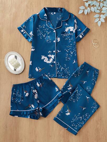 LuxeNights 3pcs Women Elegant Floral Print Lapel Shirt Top And Shorts With Long Pants Pajamas Set, Faux Silk