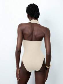 Lumivelle Women Solid Color Elastic Halter Backless Slim Bodysuits - Apricot - View 2