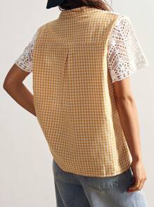 Bohemela Camisa casual de manga corta con cuello para mujer, de patchwork tejido a cuadros - Blanco - Ver 7