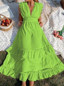 Franclia Plus Size Women Elegant Solid Color Ruffle Hem Tie Strap Dress