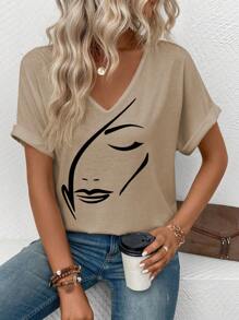 SHEIN Women's Face Print V-Neck Short Sleeve Casual Versatile T-Shirt, Summer - Apricot - View 6