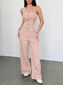 SHEIN Unity 2pcs Casual Khaki Striped Asymmetric Women's Set - Baby Pink - View 5