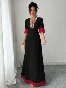 Rafferiza Elegant Floral Embroidered Waist Pleated Skirt Dress, A-Line Silhouette, Ruched Waist Design, V-Neck, Color-Block - Multicolor - View 4
