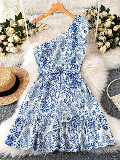 Celure Vestido romántico con volantes y lazo, de un hombro, con escote fuera del hombro, para uso informal, de talla grande, estilo retro, para uso en Pascua, con espalda descubierta, estilo bohemio, vestido de verano, atuendo de playa, vestido de primavera, fuera del hombro, para vacaciones, estilo de lazo, vestido de mujer para días festivos