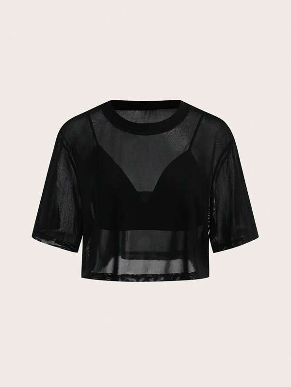 SHEIN BASICS 2 Stück Lässig einfarbige kurze Trägertops & runder Ausschnitt locker sitzende kurze durchsichtige Mesh Bluse