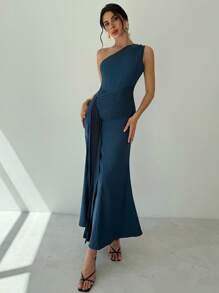 Firerie Women's Elegant Refined Romantic Date Party Prom Resort Asymmetrical Ruffled Hem One Shoulder Long Dress, Dark Green - Dark Green - View 6