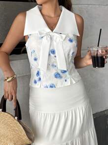 Chiquease New Summer French Lace Bow Sleeveless Blouse For Women, Halter Neck Peter Pan Collar Top - White - View 3