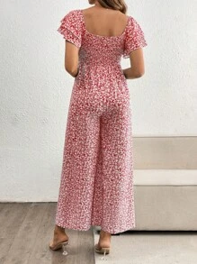 SHEIN Maternity Ditsy Floral Shirred Ruffle Short Sleeve Jumpsuit - Pink - View 2