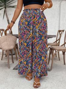 SHEIN VCAY Pantalones informales de pierna ancha con estampado floral pequeño, en talla grande, apropiados para vacaciones