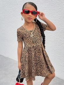 年轻女孩针织豹纹紧身圆领连衣裙，猎豹印花连衣裙 - 棕色 - 查看 2