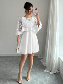 Elenzga 女士樱花透视披肩领纯色优雅连衣裙