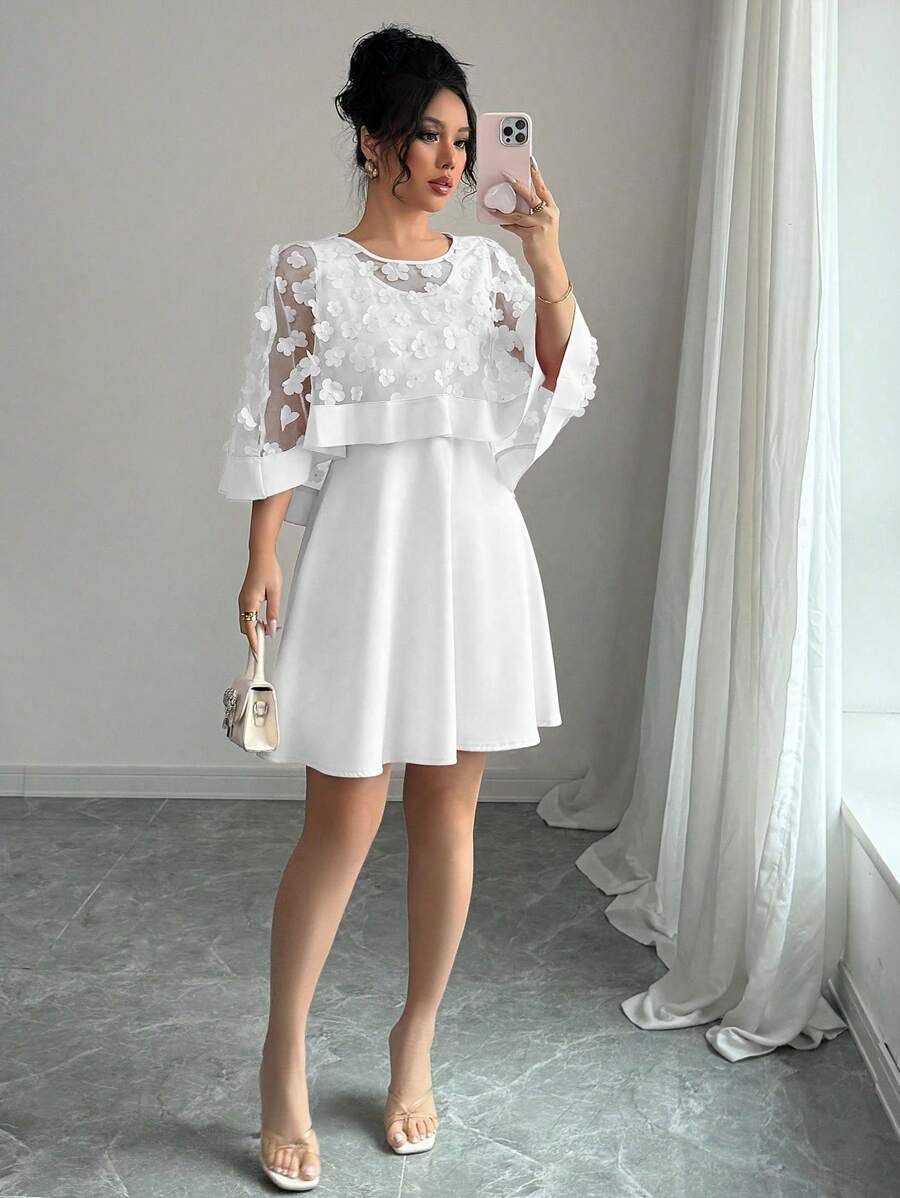 Elenzga 女士樱花透视披肩领纯色优雅连衣裙