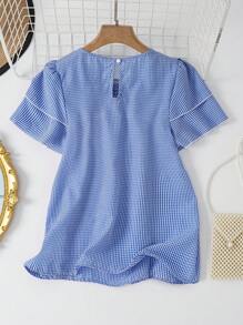 SHEIN LUNE 全新法式设计复古甜美短袖格子修身宽松休闲复古黑白格子女式衬衫 - 藍色 - 查看 2