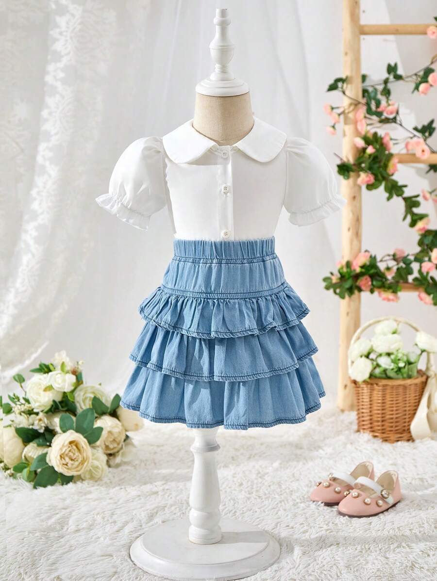 SHEIN Baby Girl Blue Denim Multilayer Cake Tutu Ruffle Skirt - Light Wash - View 1