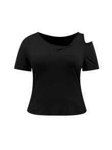 INAWLY Plus Size Summer Casual Solid Color Asymmetric Collar T-Shirt Fall Cloth For Women - Black - View 3