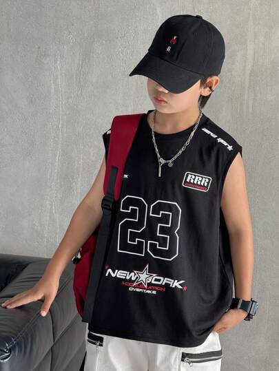 SHEIN 青少年男孩休闲韩版字母涂鸦图案无袖圆领背心，舒适、时尚、百搭、柔软，适合春夏季、日常穿着、户外活动、学校、街头风格、派对和休闲