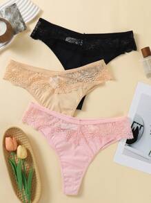 SHEIN 3pcs/Pack Plus Size Lace Patchwork Panties, Fashionable For Summer - Multicolor - View 3