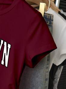 INAWLY 女式夏季休闲字母印花褶皱T恤 - 酒紅色 - 查看 4