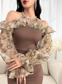 Modelyn Floral Print Ruffle Trim Flounce Sleeve Cold Shoulder Dress Long Evening Dresses - Khaki - View 5