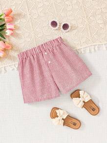 SHEIN Tween Girl Woven Striped Print Button Decor Loose Casual Shorts, Leisure Sports - Red - View 3