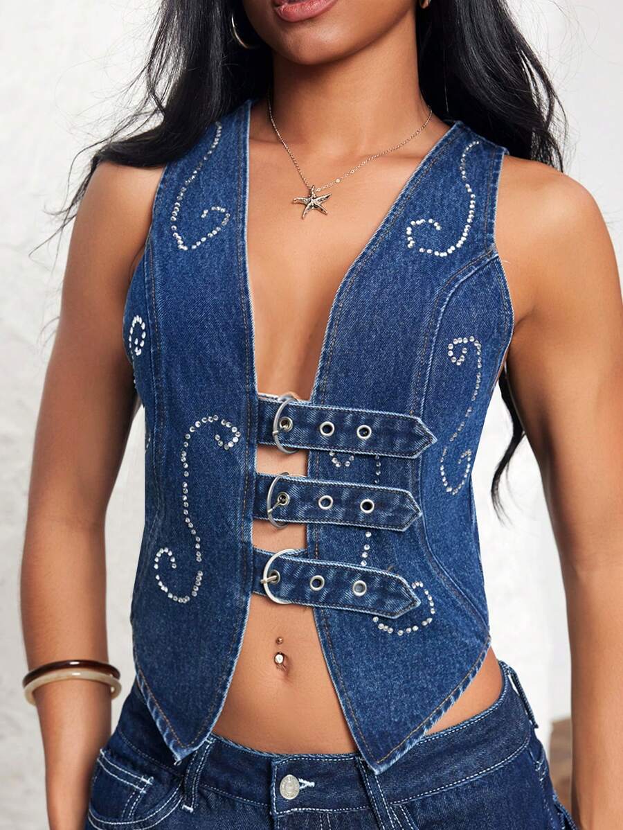 SHEIN ICON Women Crystal Decor Sleeveless Denim Top - Dark Wash - View 1