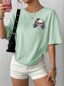 INAWLY Camiseta de mujer con cuello redondo y hombros caídos, de moda para el verano - verde menta - Ver 2