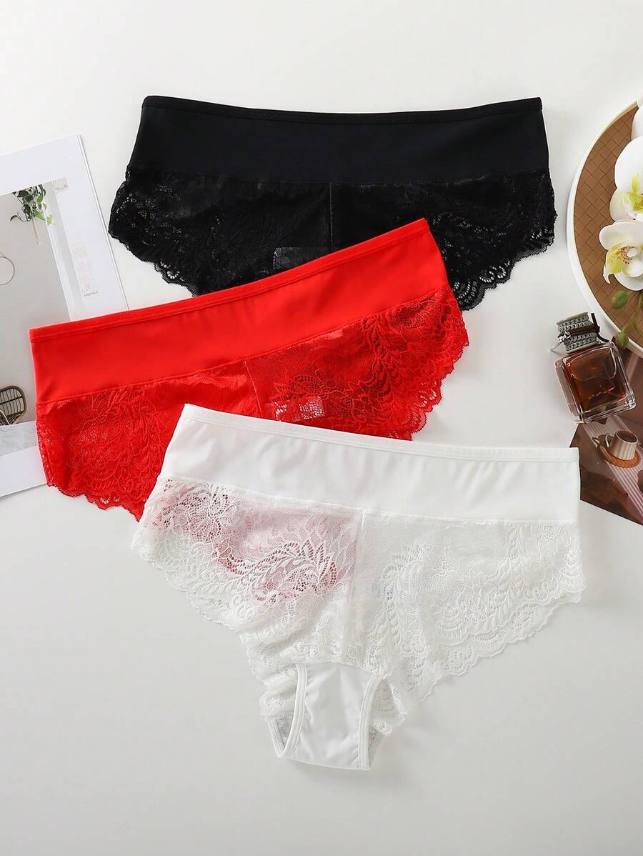 SHEIN 3pcs/Set Plus Size Women Lace Splicing Underwear, Fashionable And Suitable For Summer - Multicolor - View 1