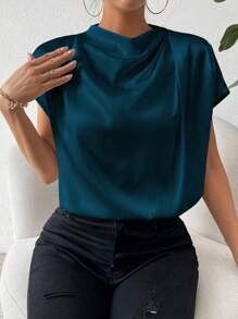 Chiquease 女式纯色高领蝙蝠袖优雅缎面衬衫