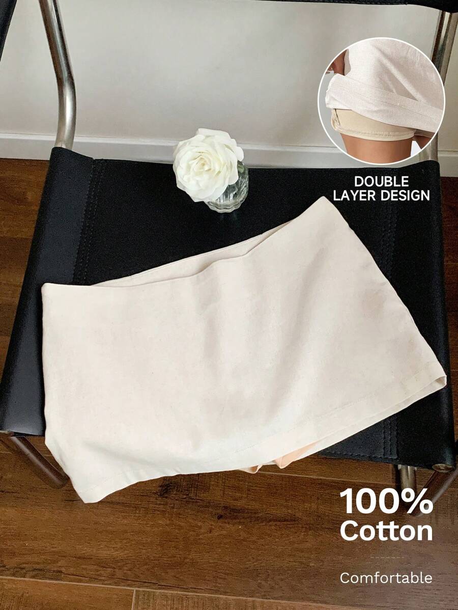 Comfortcana 夏季亚麻迷你低腰裙，简约休闲日常穿着 - 杏色 - 查看 1