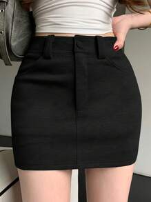 DAZY Women's Solid Color Pocket Mini Skirt, Casual & Versatile - Black - View 5