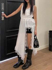DAZY Áo ba lỗ dài ren tương phản màu trơn không đối xứng cho nữ, thích hợp để mặc nhiều lớp vào mùa xuân và mùa hè - trắng - Xem 6