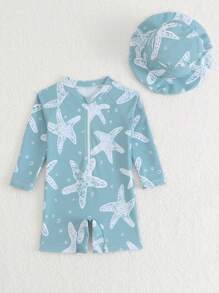 Baby Boy Starfish Printed Raglan Sleeve Rash Guard And Shorts Swimming Trunks Set - Multicolor - View 6