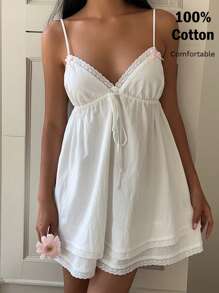 SHEIN EZwear Váy yếm ngắn thắt nút ren vá màu trơn chữ A, mùa hè - trắng - Xem 7