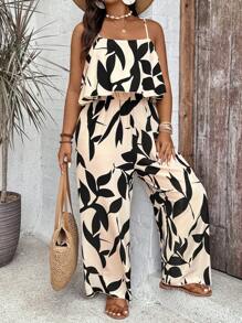 SHEIN VCAY Plus Size Women's Floral Print Ruffle Hem Wide Leg Jumpsuit