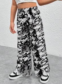 Pantalones sueltos y casuales con estampado de camuflaje trenzado para niñas