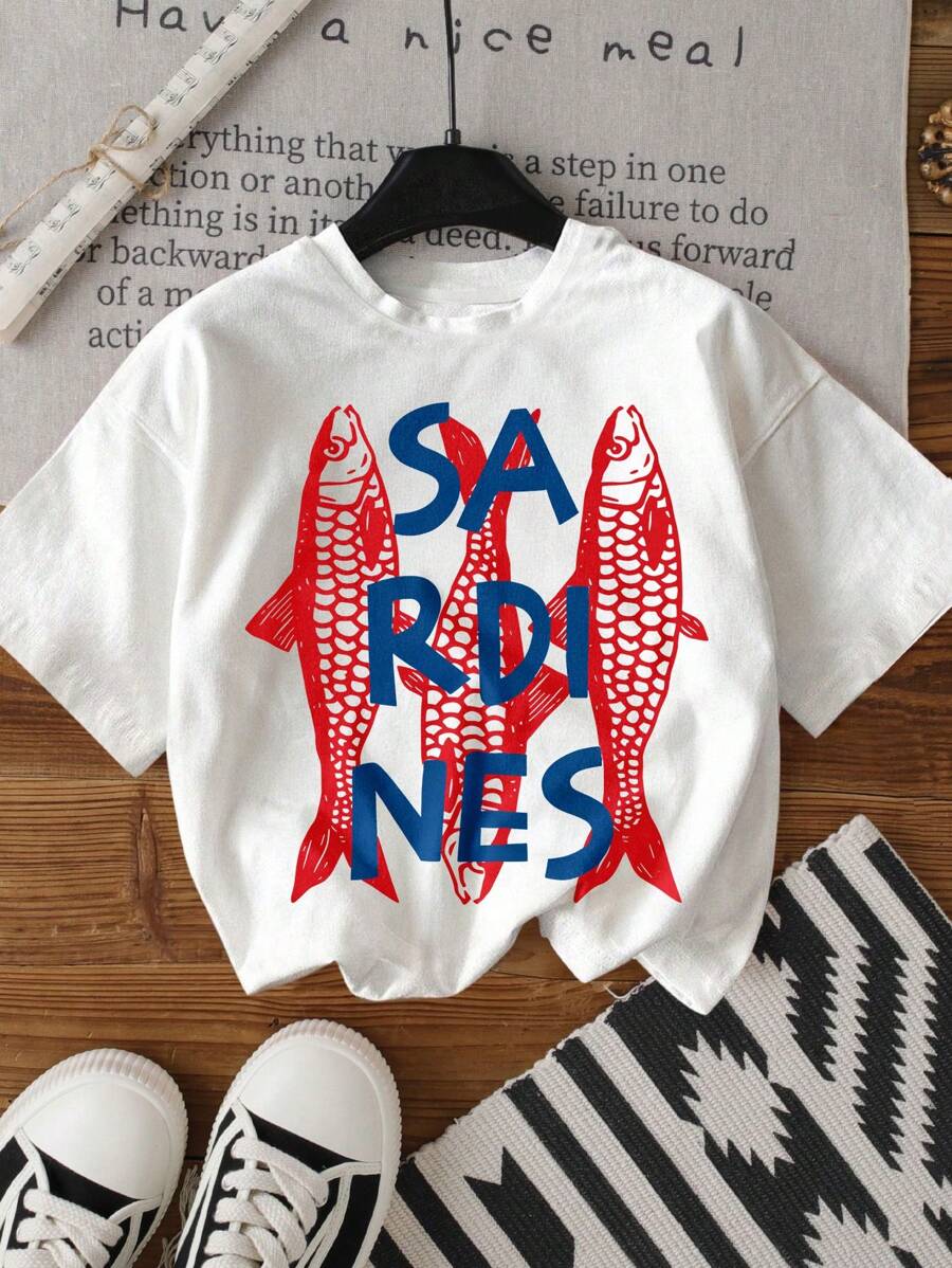 短款圆领 T 恤，带有彩色沙丁鱼罐头印花，图案女式上衣，休闲、户外、度假穿着舒适，适合所有季节，是送给她的绝佳礼物 - 白色 - 查看 1