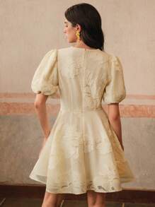 Anewsta Elegant Heavy Lace Floral Peplum Waist Short Dress, Boho Style, Spring/Summer - Apricot - View 2