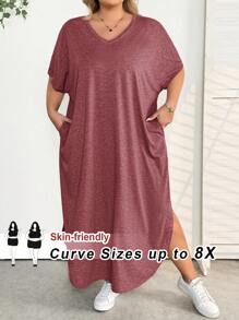 SHEIN CURVE+ 大码女装春夏新款时尚通勤休闲口袋设计分体睡袍 - 鏽棕色 - 查看 1