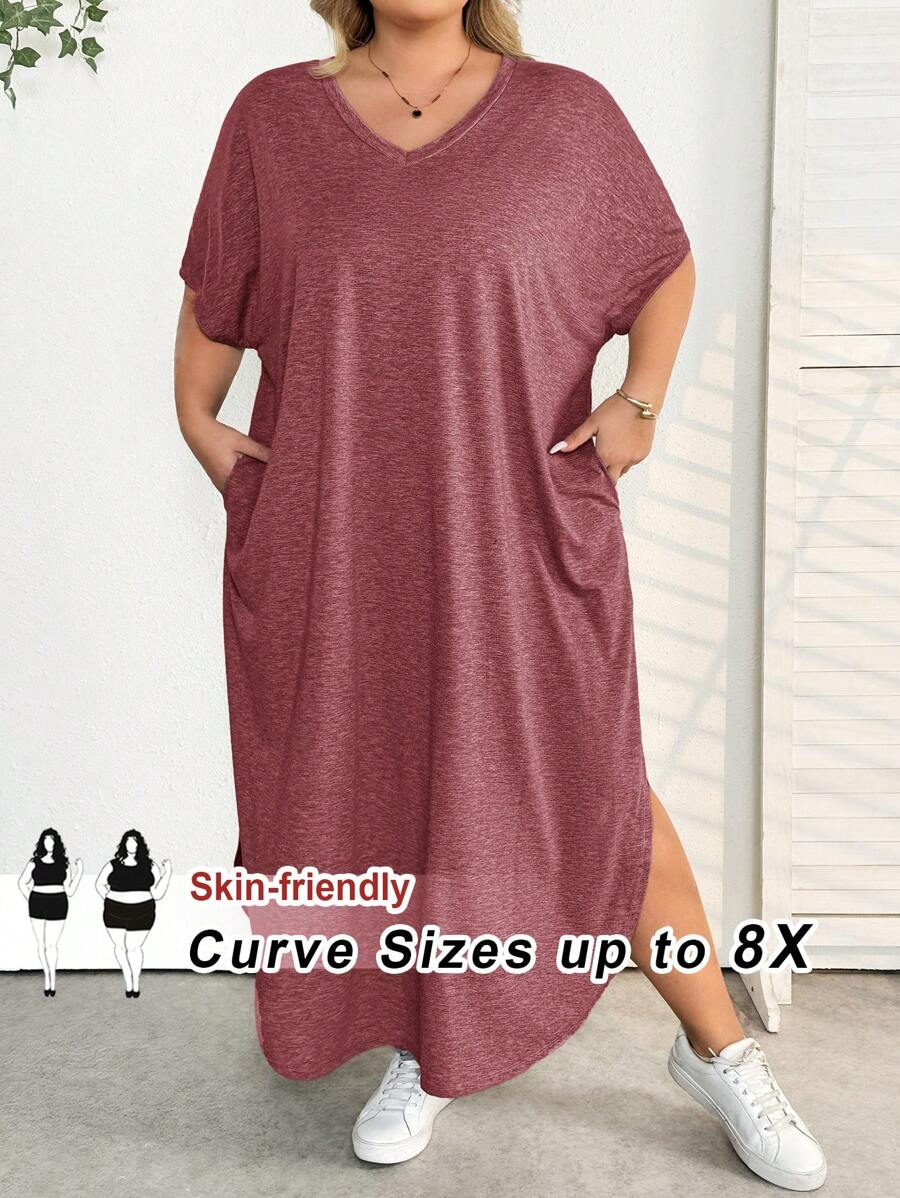 SHEIN CURVE+ 大码女装春夏新款时尚通勤休闲口袋设计分体睡袍 - 鏽棕色 - 查看 1