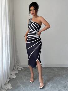 Elenzga Women Striped Asymmetrical Collar Open Slit Bodycon Dress - Black - View 6