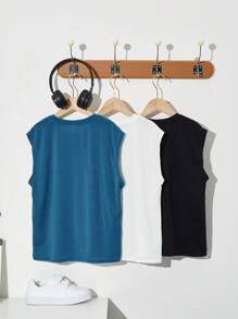 SHEIN 3pcs/Set Tween Boy Casual Streetwear Solid Color Graphic Letter Knit Crew Neck Loose Fit Sleeveless Top, 1pc Each Of 3 Colors, School, Campus, College